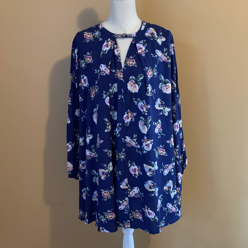 Umgee Navy Floral Long Sleeve Boho Swing Dress